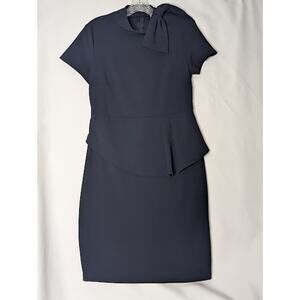 Elegant navy Peplum Work Dress with Bow Detail-size 6 ClassicStyle Office Twee